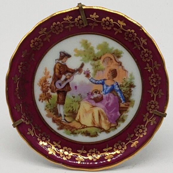 Limoges France Vintage Porcelain Cranberry Gold Gilt Romance Couple Mini Plate - Picture 1 of 6